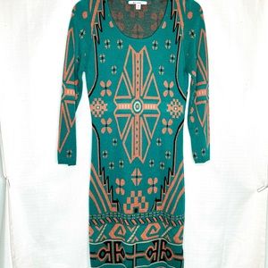 Miami Teal / Orange / Aztec Tribal Long Sleeve Printed Sweater Dress Medium / M
